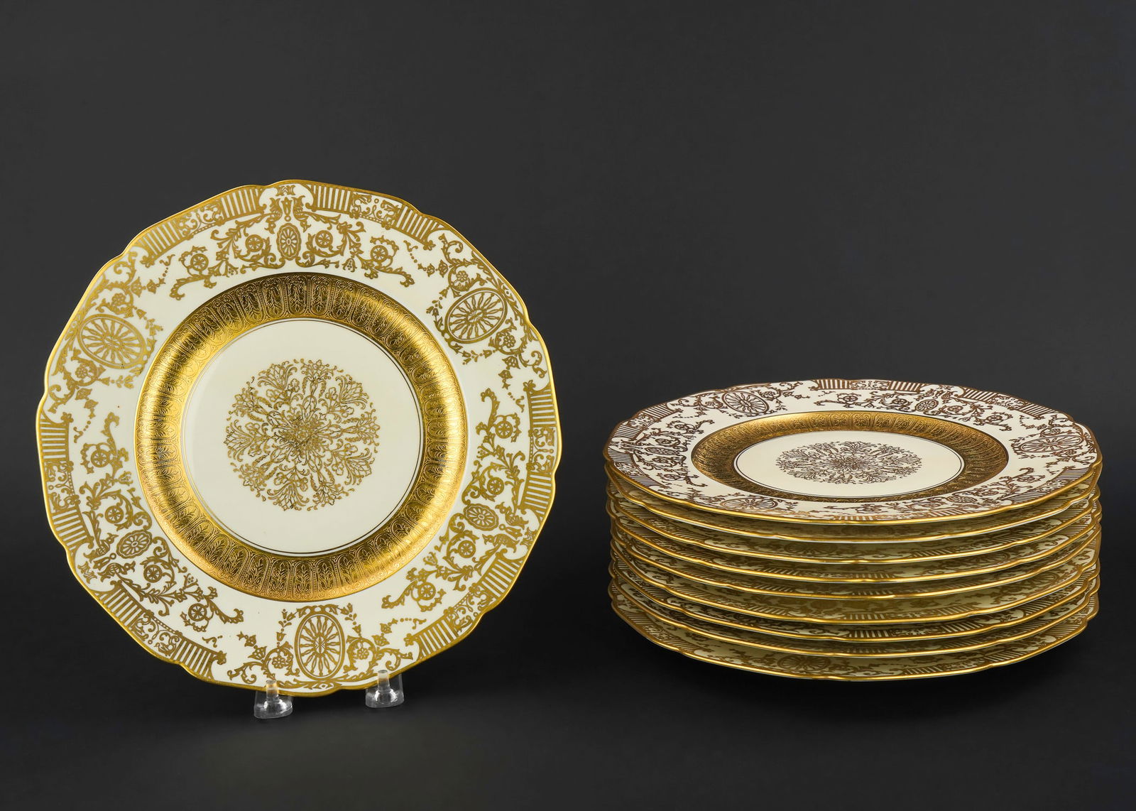 10 Krautheim Bavarian Gilt Engraved Dinner Plates: Set of 10 Krautheim Bavarian porcelain dinner plates having fine gold engraved and gilt applied neoclassical style decoration on borders and center. dia. 11" -one with rim chip, otherwise very good ov