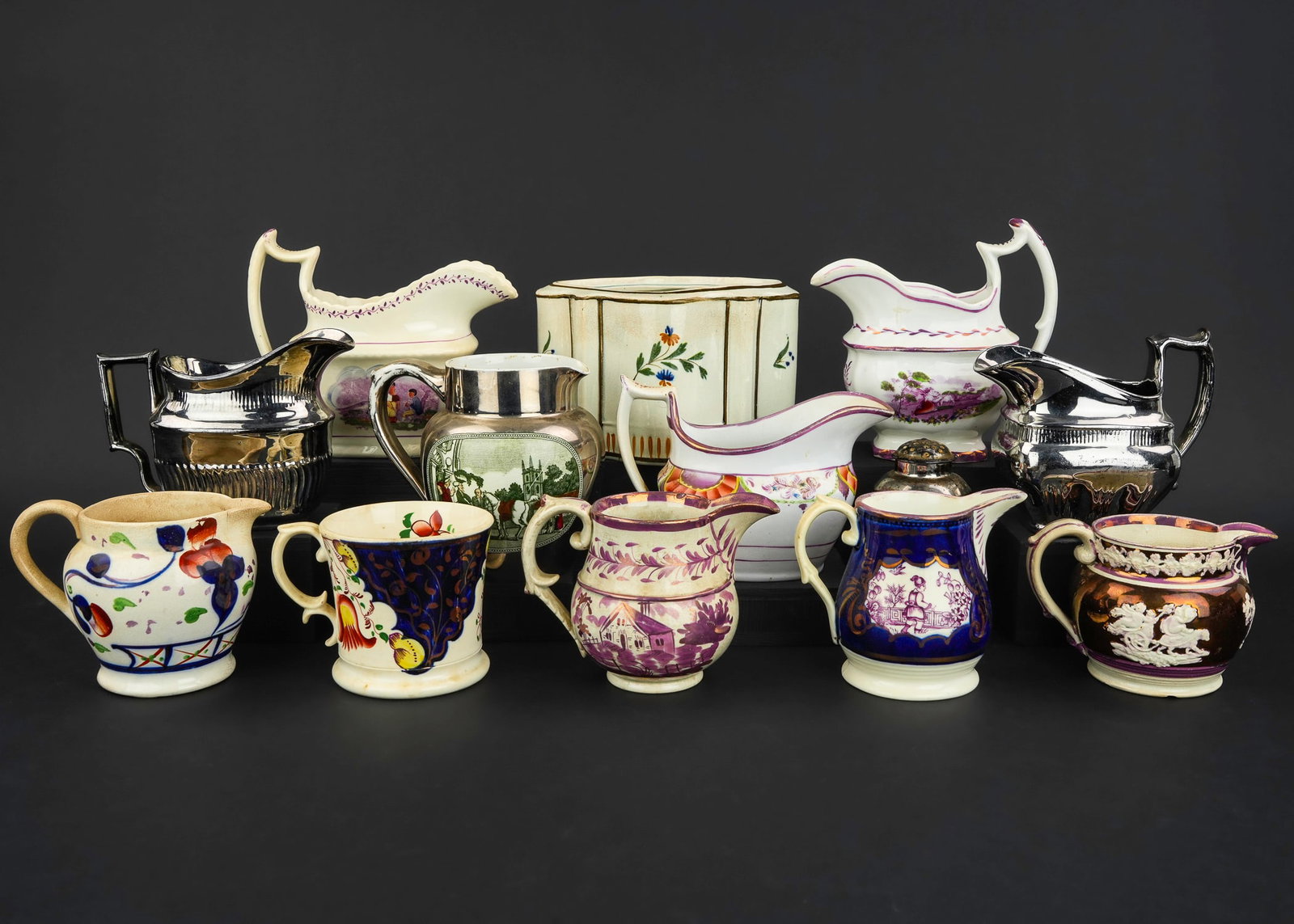 19th c. Youth Plates and Early Porcelain: Group of 19th c. transferware children's plates and other early porcelain tableware including silver luster, gaudy welsh creamers, pink lusterware, flow blue with luster accents, early sprig decorated
