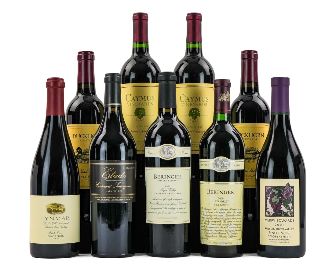 8 Bottles California Red Wine: 8 bottles of California red wine including 1998 Etude Cabernet Sauvignon, 2006 Merry Edwards Russian River Valley Pinot Noir, 2005 Lynmar Russian River Valley pinot noir, 2 2017 Duckhorn Cabernet Sauv