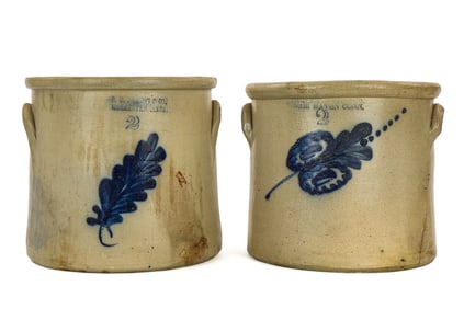 Two 19th c Blue Decorated Stoneware Crocks