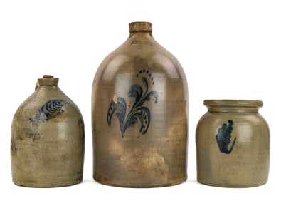 Three 19th c Blue Decorated Stoneware Jugs, Crock