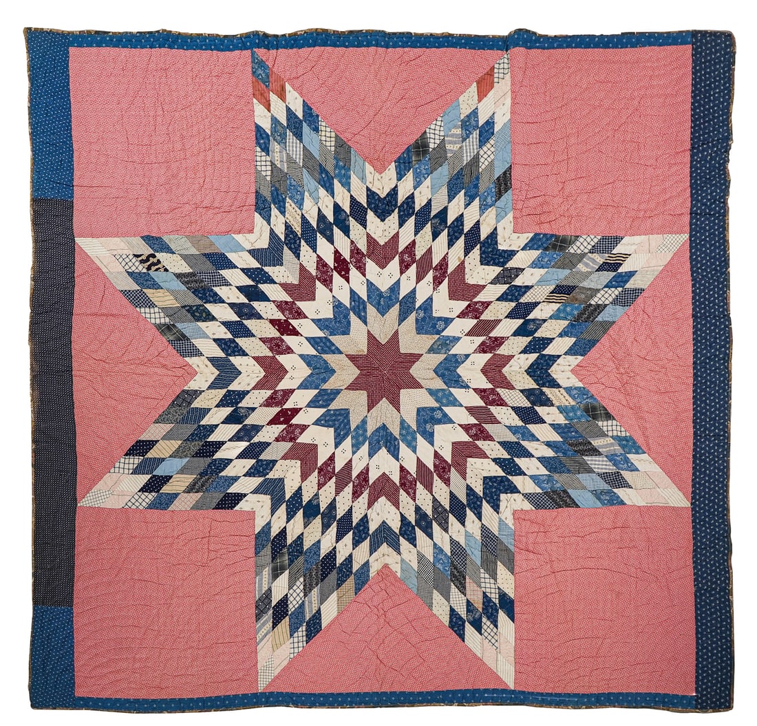 Early 20th c Lone Star Quilt: Early 20th c Lone Star quilt, eight pointed star, interesting sack cloth backing, VT Quilt Project #5873, 5' 7" x 7' 3" (67" x 87")