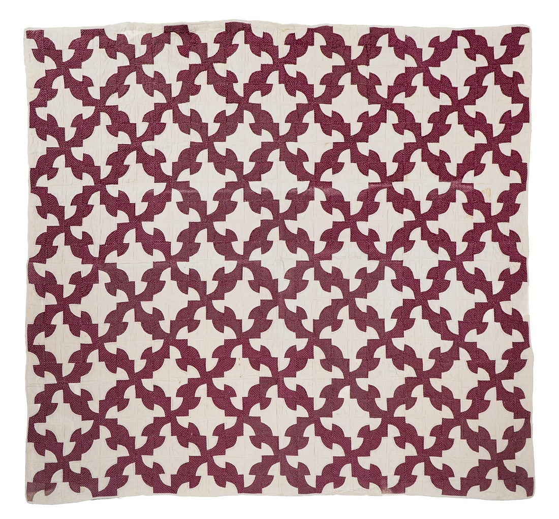 Early 20th c Red & White Pieced Quilt: Early 20th c red & white geometric pattern pieced quilt, 5' 6" x 6' 4" (66" x 76")