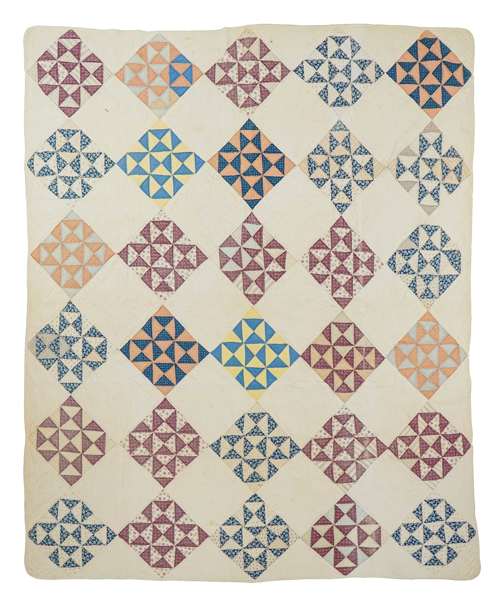 Early 20th c Geometric Pieced Quilt: Early 20th c geometric pieced quilt, 5' 11" x 6' 11" (71" x 83")