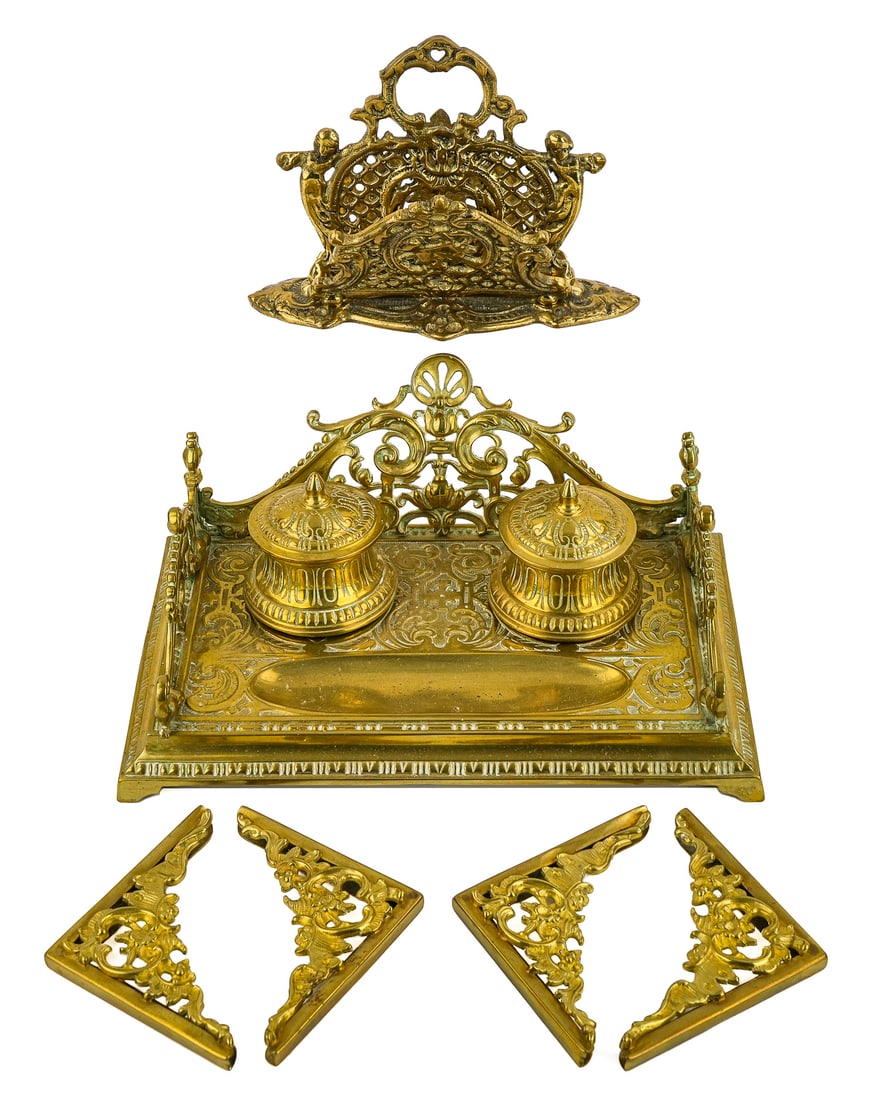 Brass Writing Stand, Blotter Corners, Letter Stand: Brass writing stand with inkwells & pen tray, set of 4 brass blotter corners marked PEG NY 1336, and a modern envelope stand, writing stand 10" x 6" x 4"