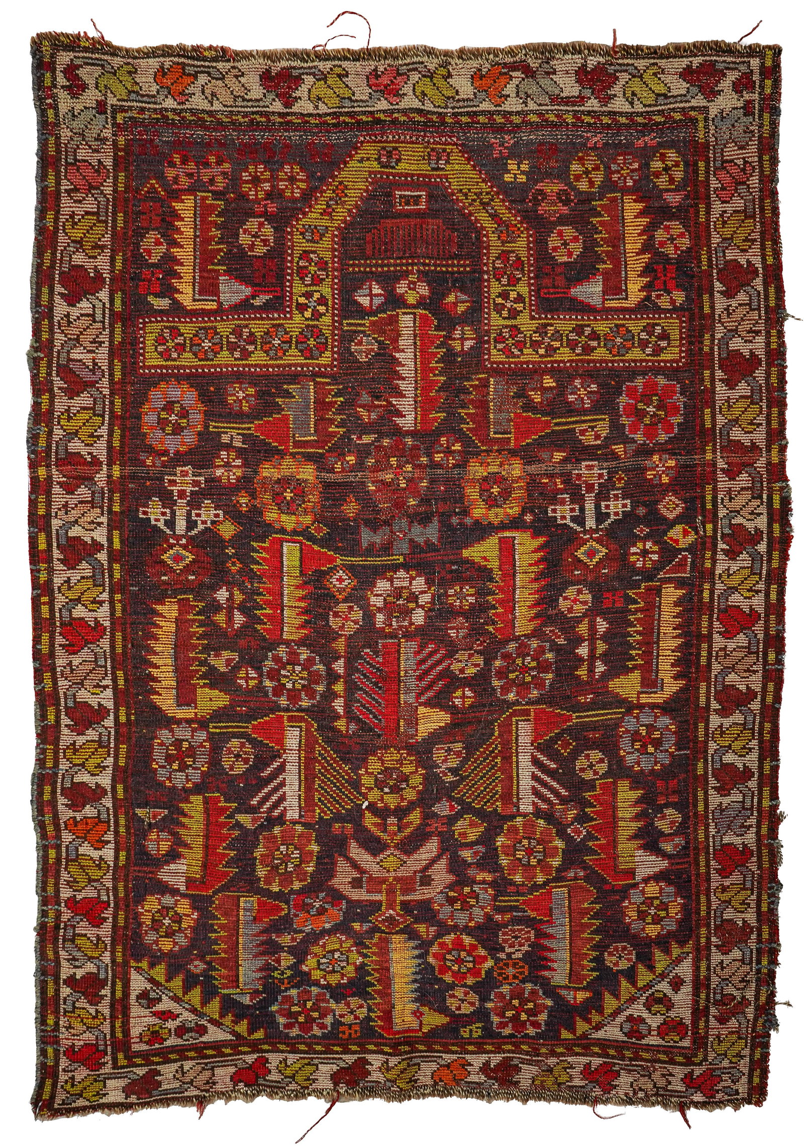 Early 20th c Persian Prayer Rug: Early 20th c Persian prayer rug, oxidizing black dye, some uneven heavy wear, 2' 10" x 4' 1"