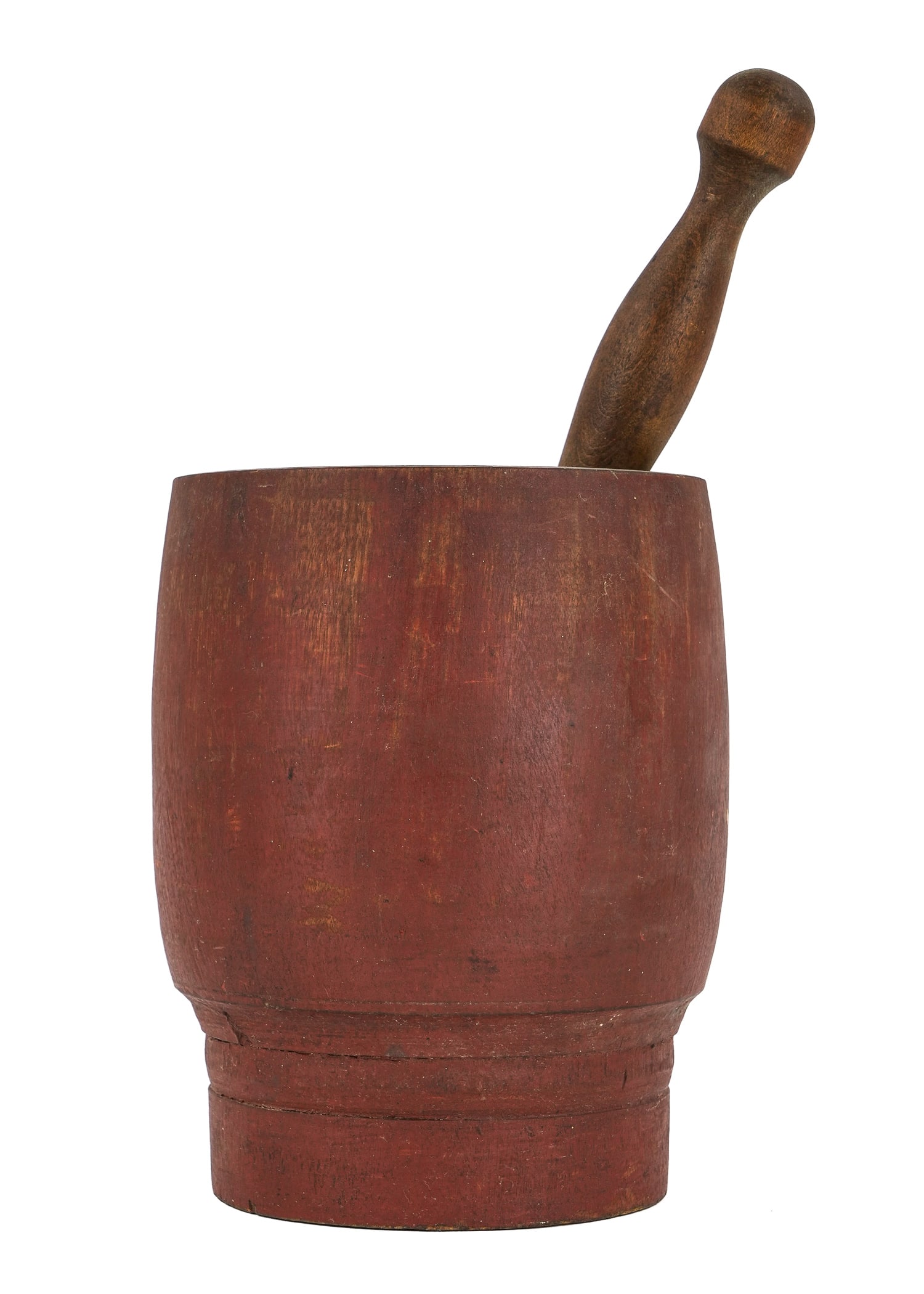 Early 19th c Mortar & Pestle in old red paint: Early 19th c mortar & pestle in old red paint, ht 8", diameter 6 1/2"