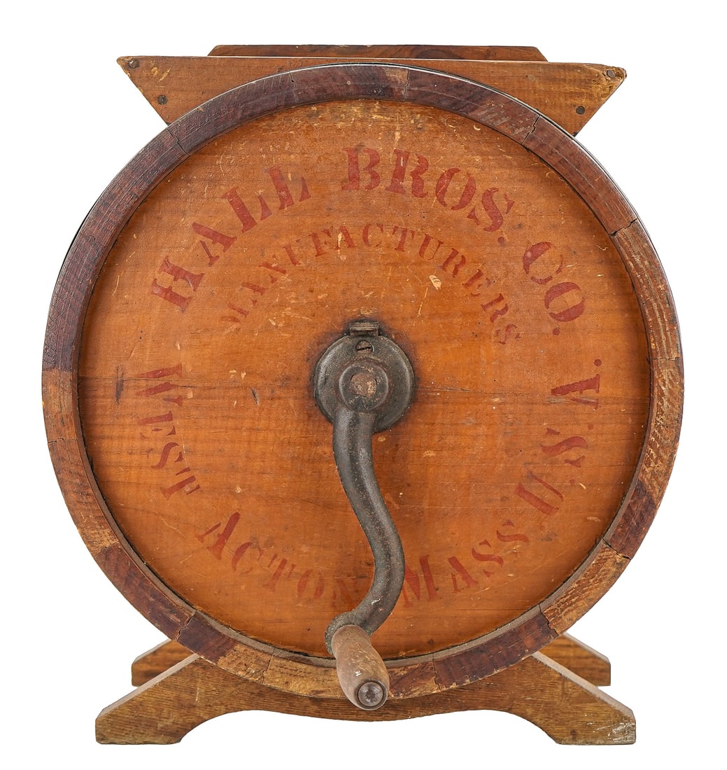 Late 19th c Hall Bros Cow Stenciled Butter Churn: Late 19th c Hall Bros, West Acton, MA #1 Improved crank operated table top wooden butter churn with cow stencil decoration, ht 14 1/2"