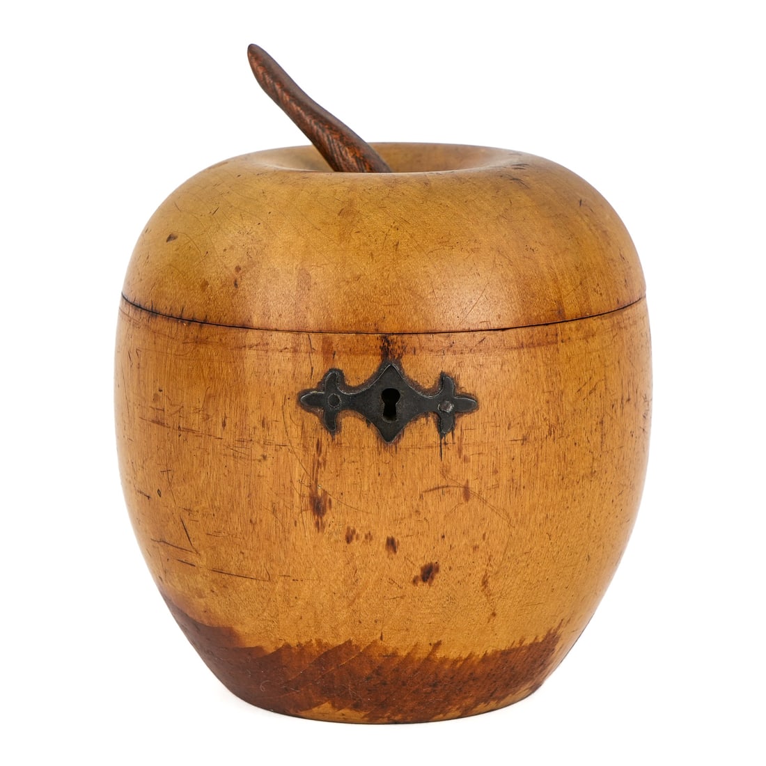 19th c Treenware Apple Tea Caddy: 19th c treenware apple form tea caddy, good condition, ht 5", diameter 5"