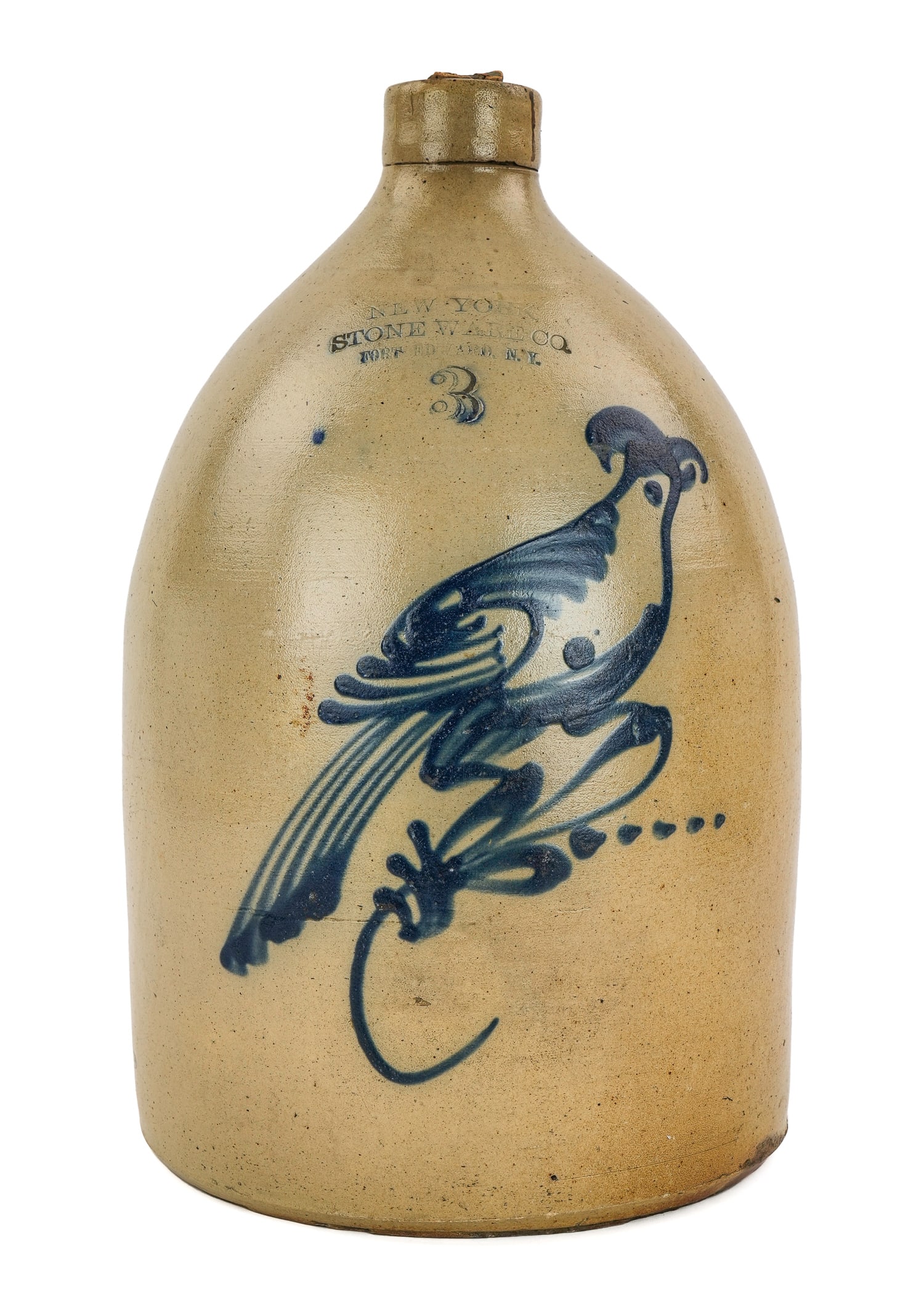 19th c Ft Edward, NY Bird Decorated Jug: 19th c New York Stoneware Co., Fort Edward, NY 3 gallon blue decorated jug, good condition, ht 16", diameter 10"