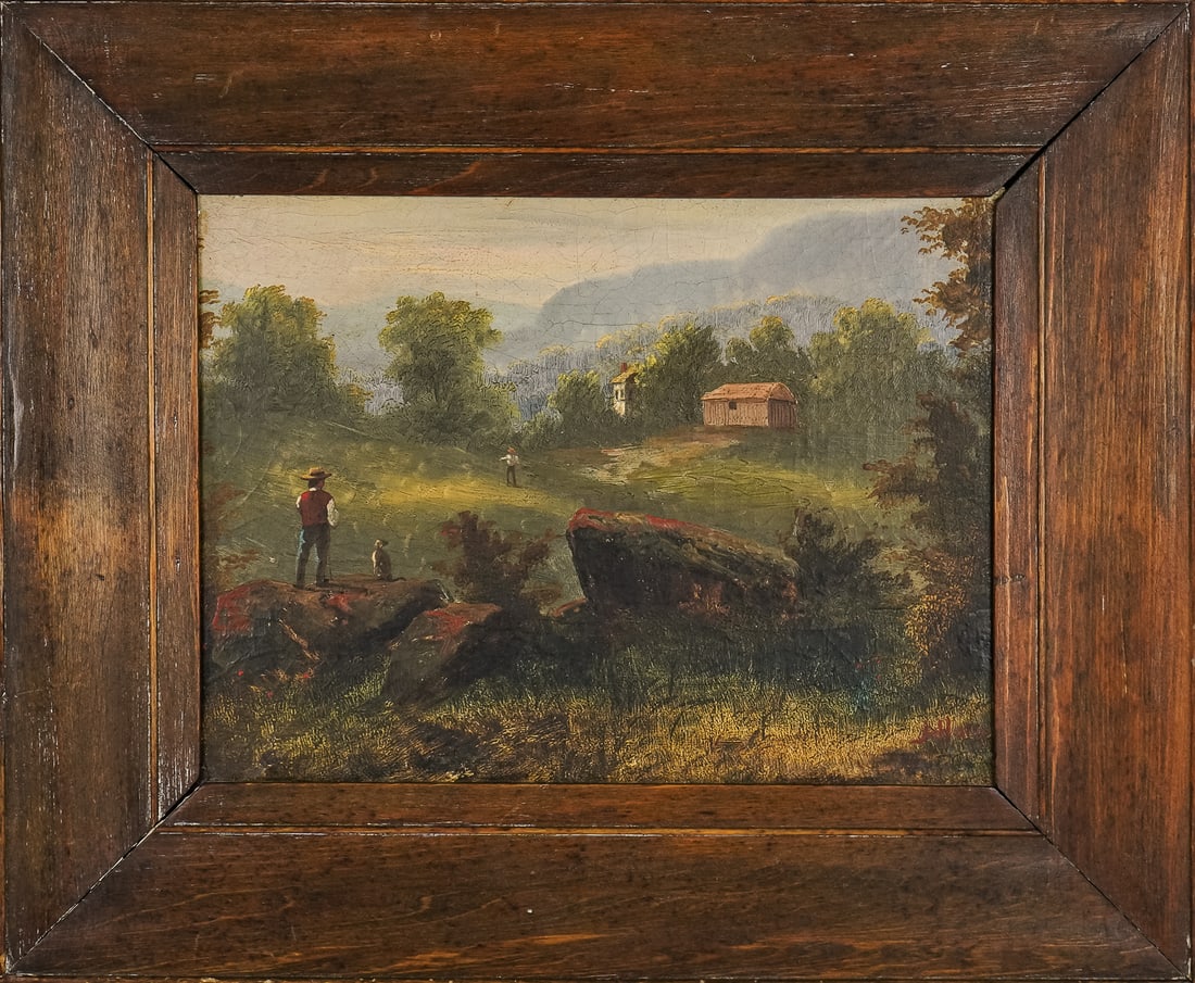Late Summer Landscape: 19th c Late summer landscape oil on canvas mounted to masonite, signed J Hope lower right- 9 x 12" 14.5 x 17.5" as framed.