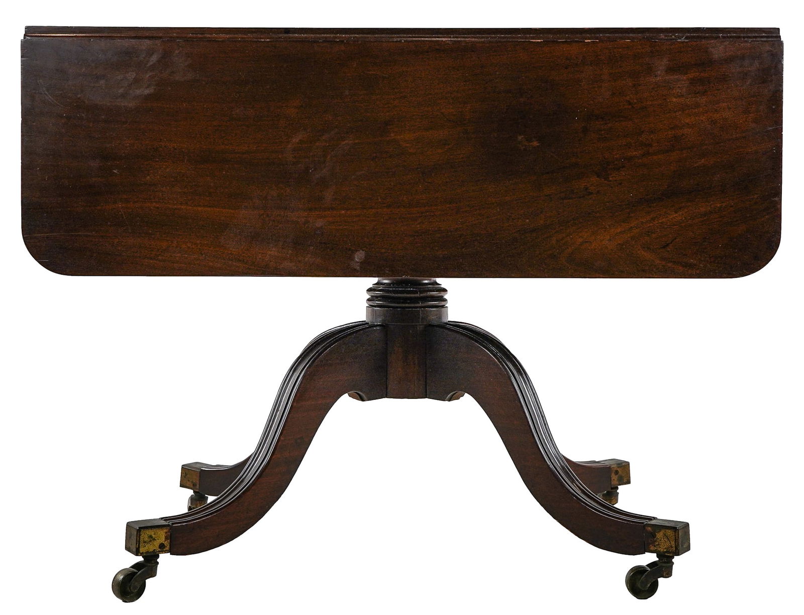 English Regency Pembroke Table: English Regency 19th c pedestal base drop leaf table with drawer. Mahogany, single drawer with double brass rosette pulls on pedestal base with castor ends. Oak secondary. 38" x 21" w x 29" h.