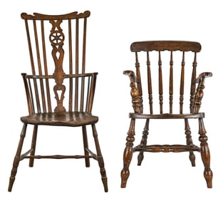 18th c English Wheel Back Windsor Arm Chair and another armchair