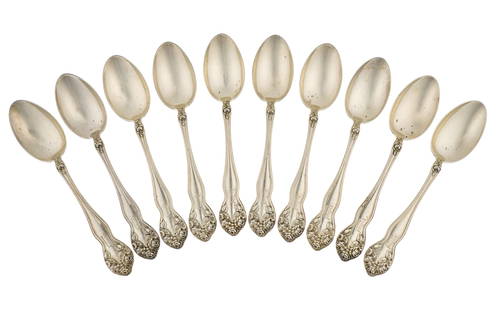 10 Watson Newell Wedding Rose Sterling Teaspoons: Set of 10 Watson, Newell & Co. "Wedding Rose" pattern Art Nouveau style teaspoons, each having Gothic script "D" monogram 5.5" 8.2 troy oz. weighable