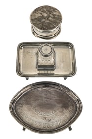 English Sterling Inkstand, Salver and Dresser Box