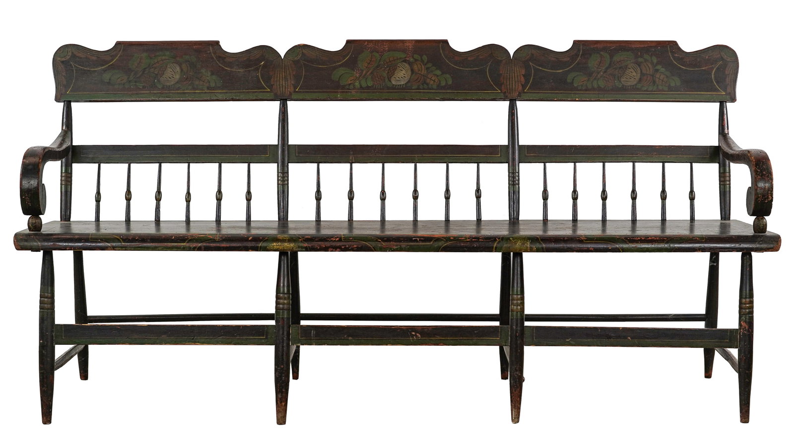 PA Sheraton Paint Decorated Roll Arm Settee: Ca. 1830 Pennsylvania Sheraton roll arm paint decorated settee. Stencil and free-hand decorated in green, yellow, & brown paint. Single board seat. 73" long, 21" deep seat. Good original condition.