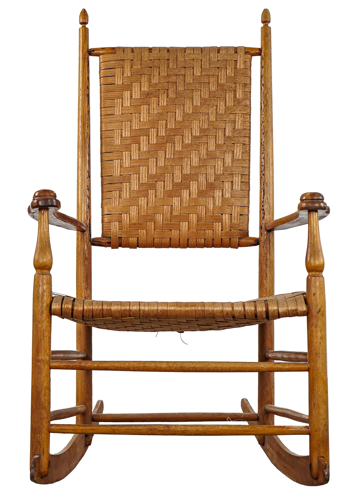 Shaker Rocking Chair: Shaker arm rocking chair. Refinished with split ash seat and back. Appears to be a #4. One interior side seat support broken.