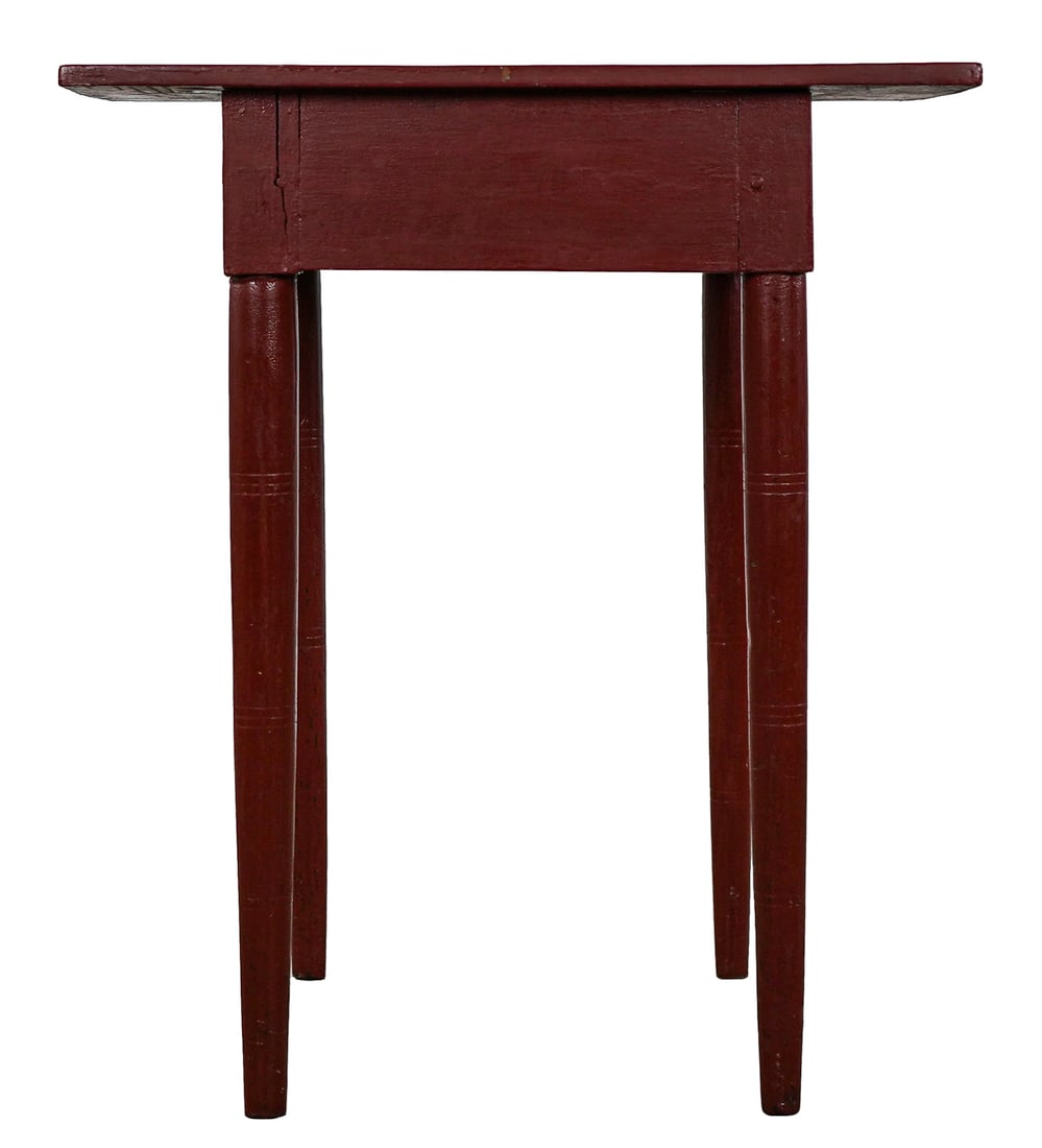 19th c Lipstick Red Pencil Leg Stand: New England 19thc pencil leg stand with lipstick red painted surface. Single board top. Overall good condition. 23" x 17" x 28" h.
