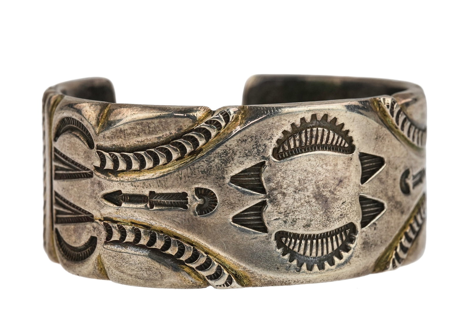 19th c Navajo Bangle: 19th c pawn heavy Navajo bangle. Marked with H and a snake. 1" wide, 2 3/8" long.