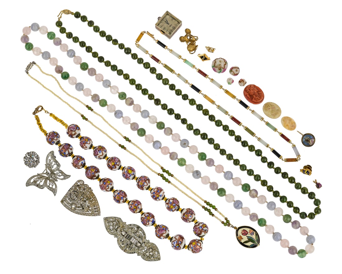 Beads & Costume Jewelry: Costume jewelry and beads including a green jade 8mm bead necklace, a 10 mm multi colored jade necklace, a 15 mm ornate Venetian glass bead necklace, jade cylindrical bead necklace, rhinestone buckle,