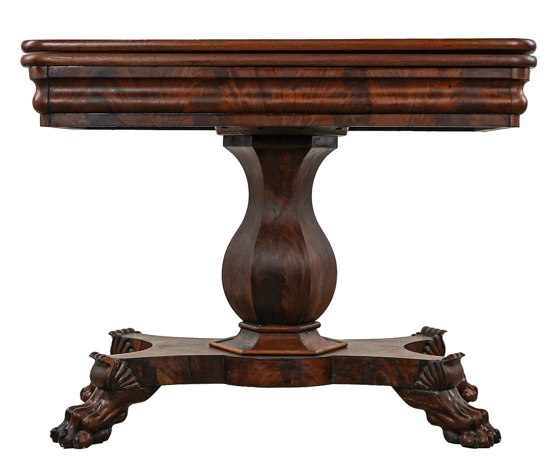 Empire Mahogany Claw Foot Card Table: New York Empire mahogany lift top card table. Bulbous paneled column ending in 4 claw feet. 36" wide, 29" h., some losses to feet.