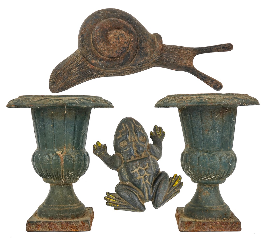 Cast Iron Snail Bootjack, Frog Doorstop, Small Urns: Cast iron snail bootjack, length 14", large green painted frog doorstop, length 7", pair of small 20th c garden urns, ht 8", diameter at top 7"lengths 14", 7"