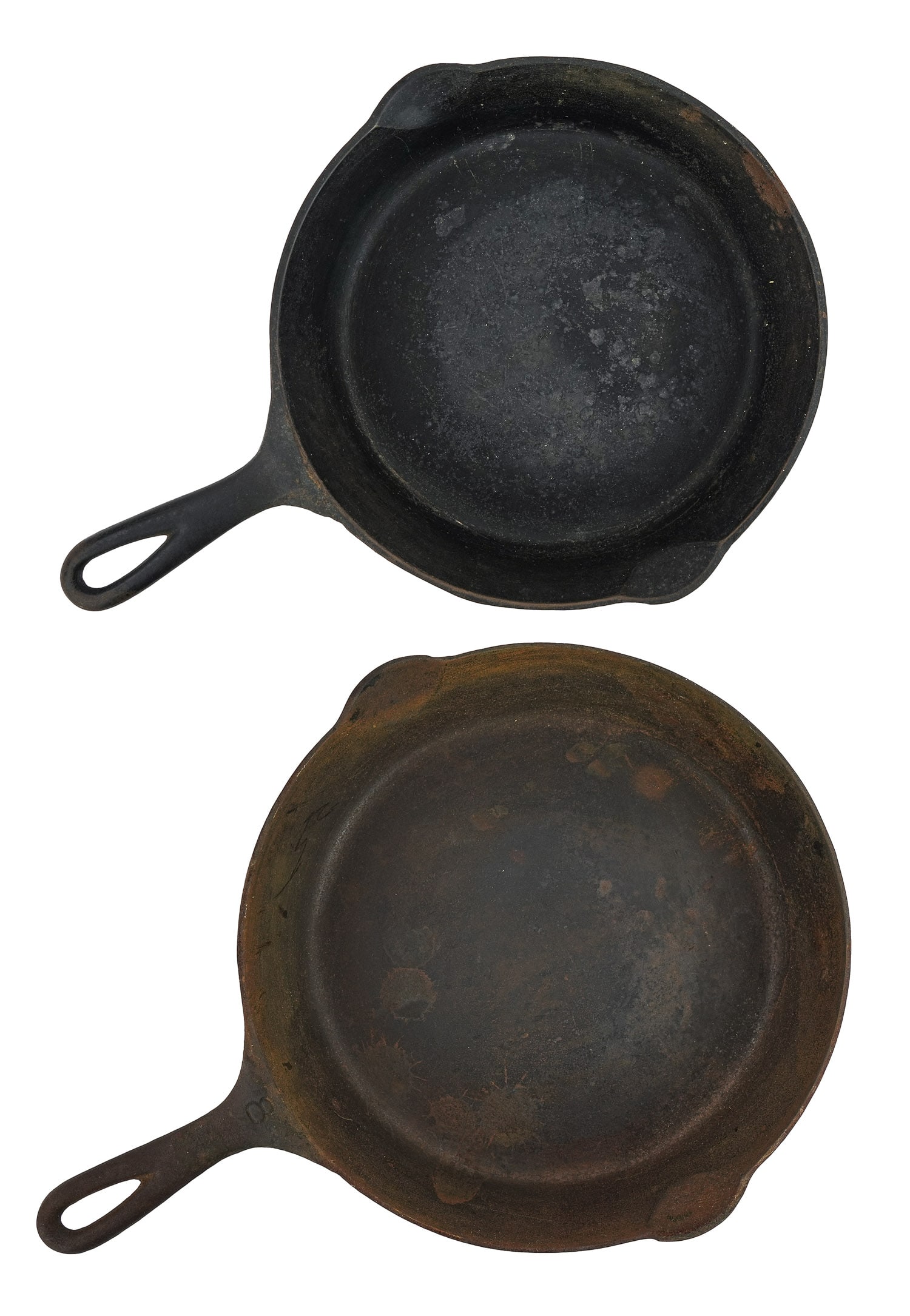 Griswold Slant, Pre-Griswold Erie Skillets: Griswold #8 cast iron skillet, 704 R large block slant letters, fire ring, length 15 1/4", sold with #7 Pre-Griswold Erie #7 cast iron skillet, 701 C, fire ring, length 14 3/4"
