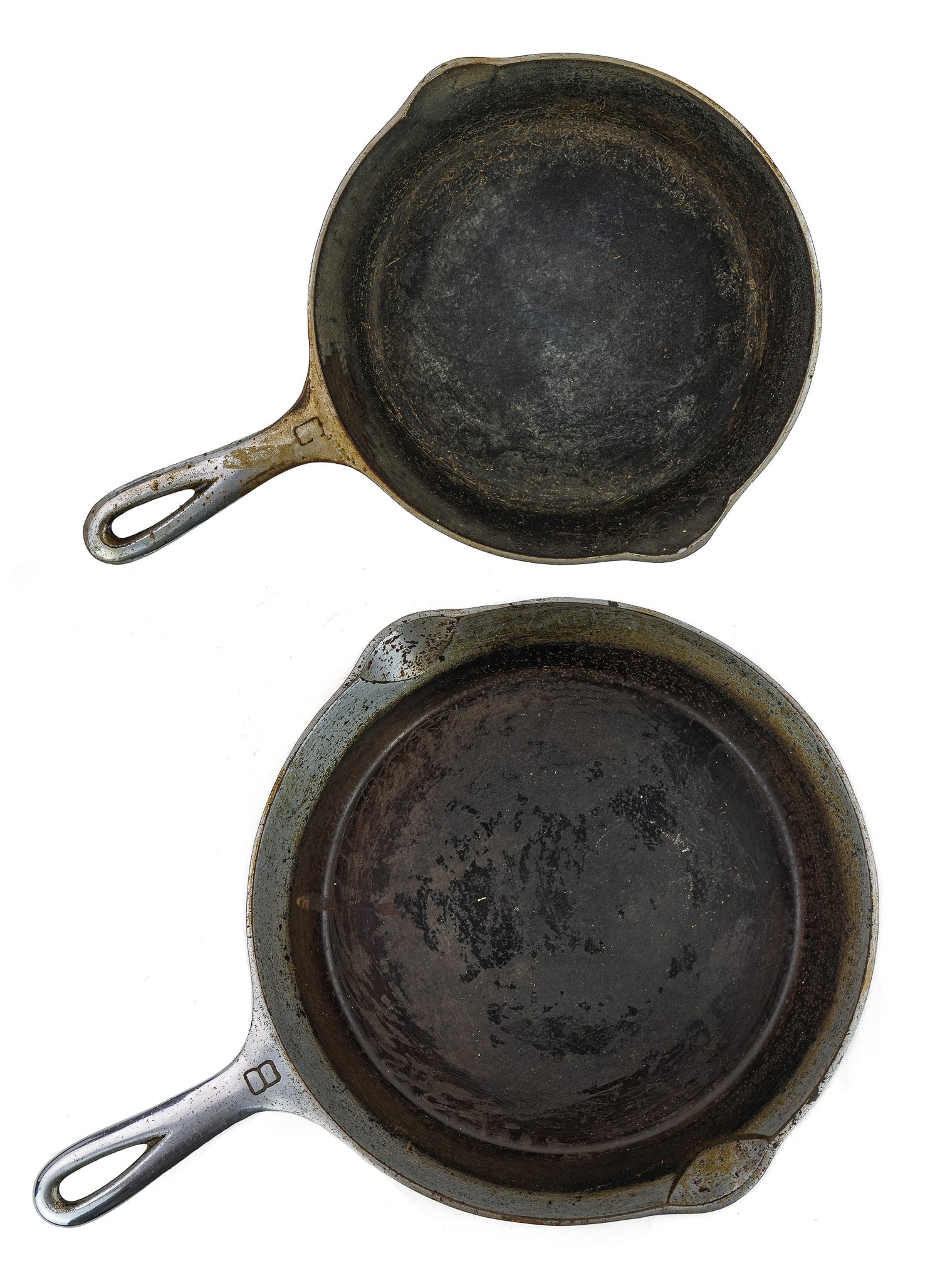 Griswold Large Block, Small Block Nickel Skillets: Griswold #8 cast iron skillet, 704 L large block letters, length 15 1/4", sold with a Griswold #6 cast iron skillet, 599 K small block letters, length 13 3/4"