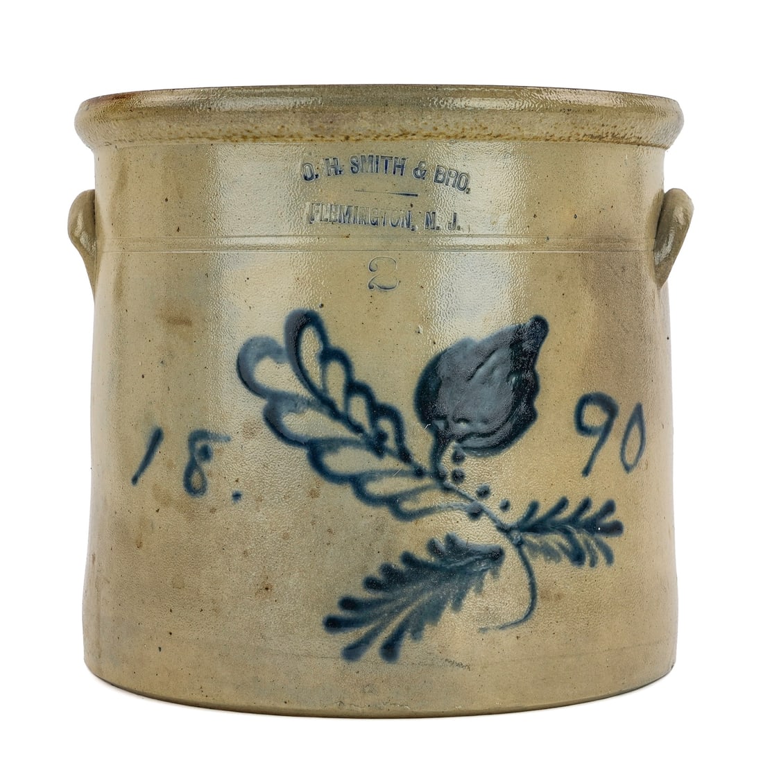 O H Smith Flemington, NJ Stoneware Crock: 1890 O H Smith, Flemington, NJ 2 gallon blue decorated stoneware crock, check in side, ht 9", diameter 10"