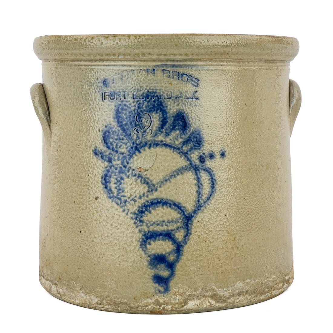 Ottman Bros, Fort Edward NY Stoneware Crock: 19th c Ottman Bros, Fort Edward, NY 2 gallon blue decorated stoneware crock, two tiny nicks inside rim, some calcium stains around bottom rim, ht 9" diameter 9 1/2"