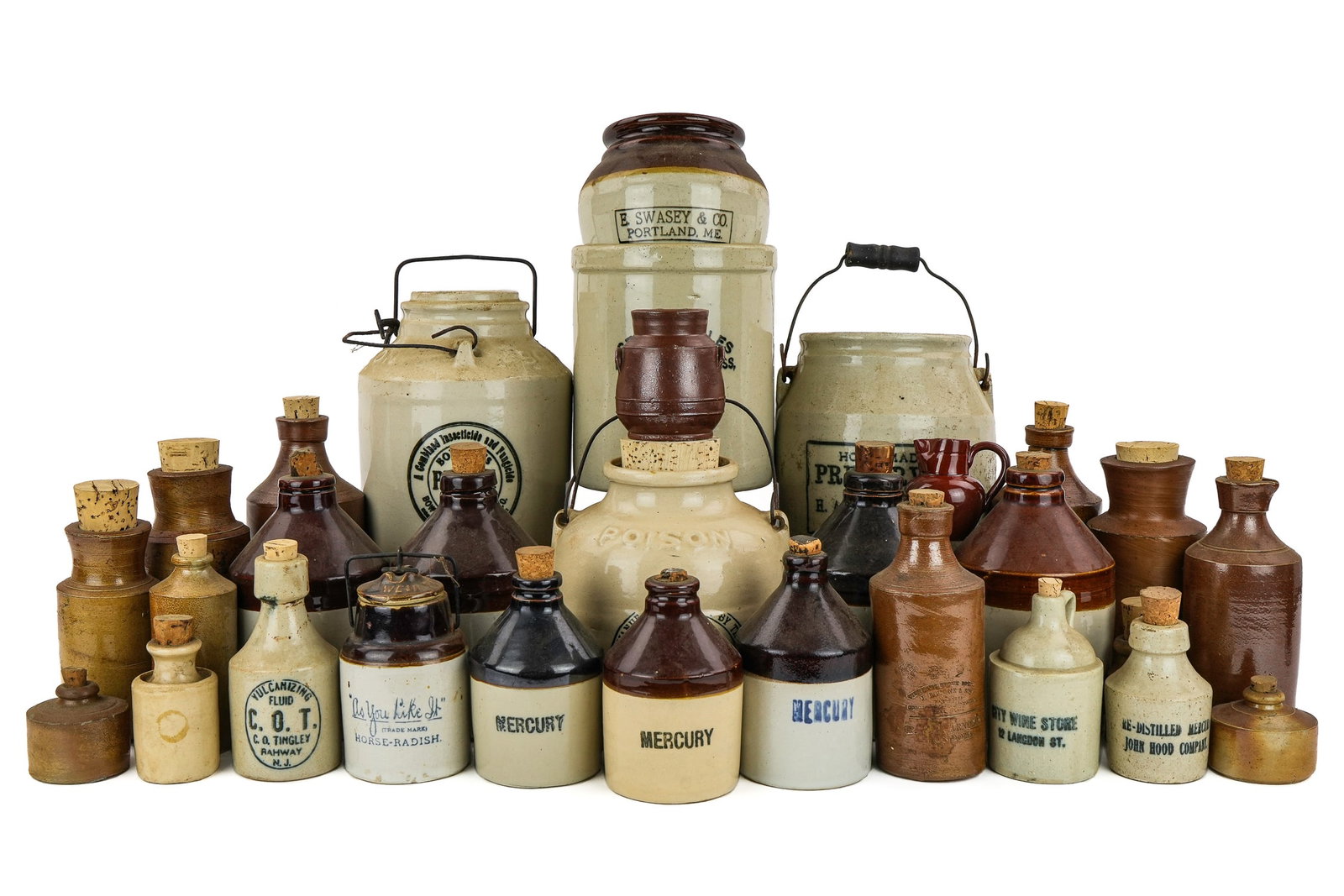 Stoneware Inks, Preserves, Mercury Jugs: 28 stoneware inks, preserve jars, mercury jugs, etc, hts 2" to 7"