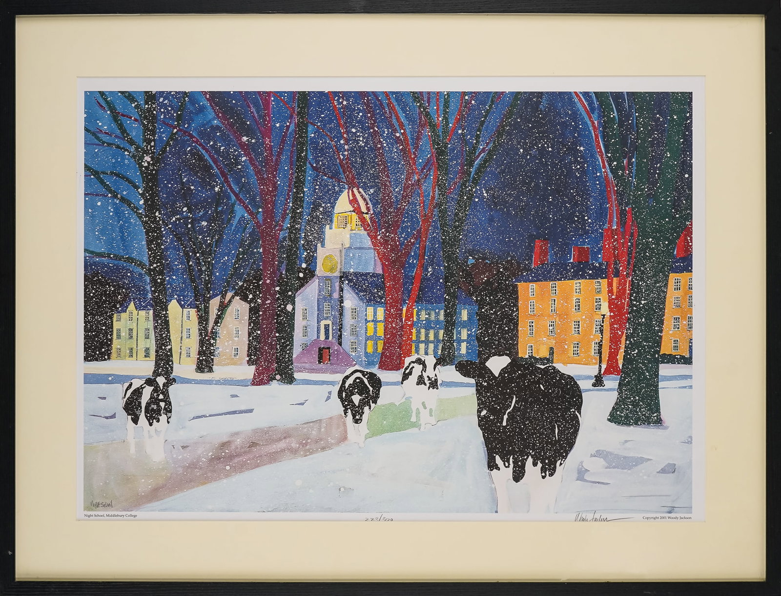 Woody Jackson (VT Contemporary) Night School: Woody Jackson (Vermont Contemporary) Night School Middlebury College offset litho on paper pencil signed lower margin - editioned 223/300 plate 20 x 29" 28 x 37" as framed.