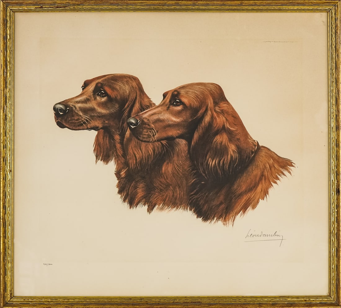 Leon Danchin (FR 1887-1938) Two Setters: Leon Danchin (French 1887-1938) Two Setters lithograph in colors on paper signed by artist lower right and editioned 322/500 22 x 24" as framed.