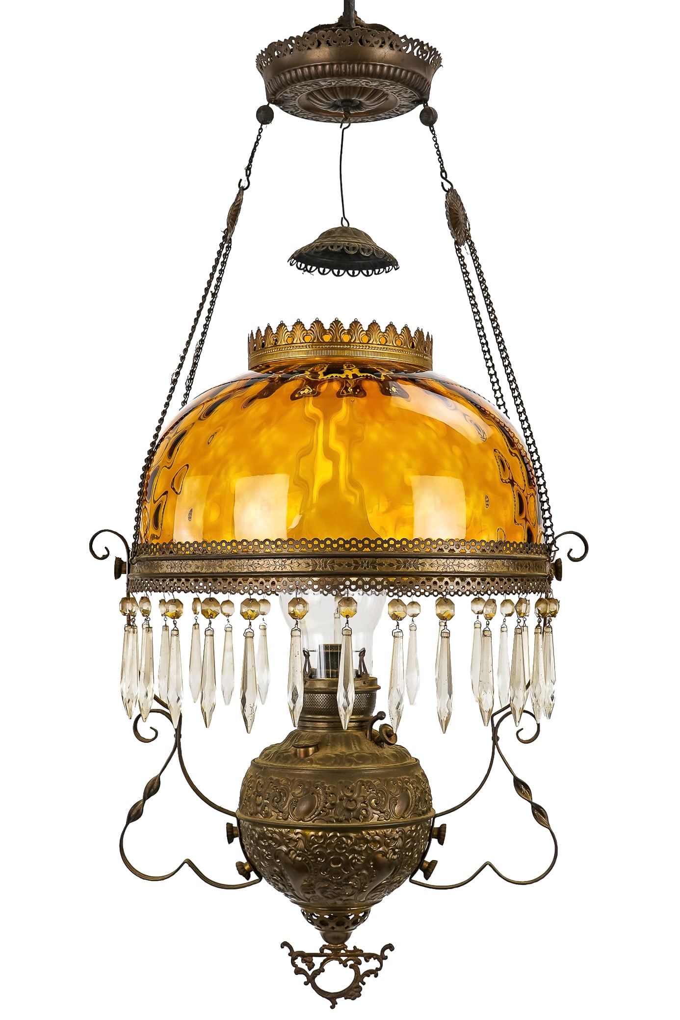 Bradley and Hubbard Amber Hanging Parlor Lamp: Signed Bradley and Hubbard Victorian hanging parlor oil lamp having amber colored thumbprint art glass domed shade, crystal drop prisms, filigree brass frame and smoke bell, 34" x 18" overall dimensio