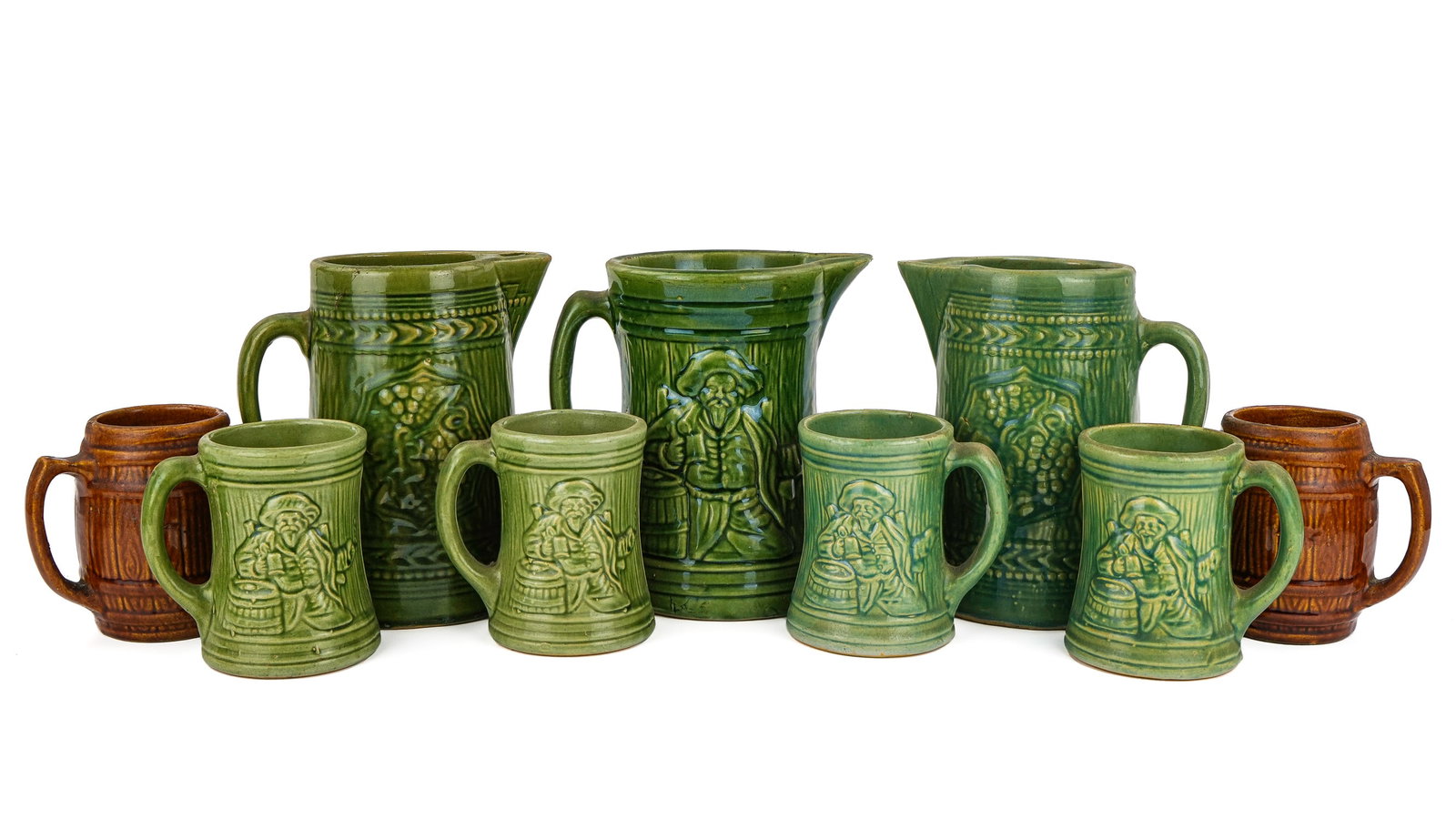 Ca 1900 Pottery Pitchers & Mugs: Ca 1900 pottery pitchers, mugs (16 pcs), including 7 pc tavern scene set, etc, hts from 5" to 8"