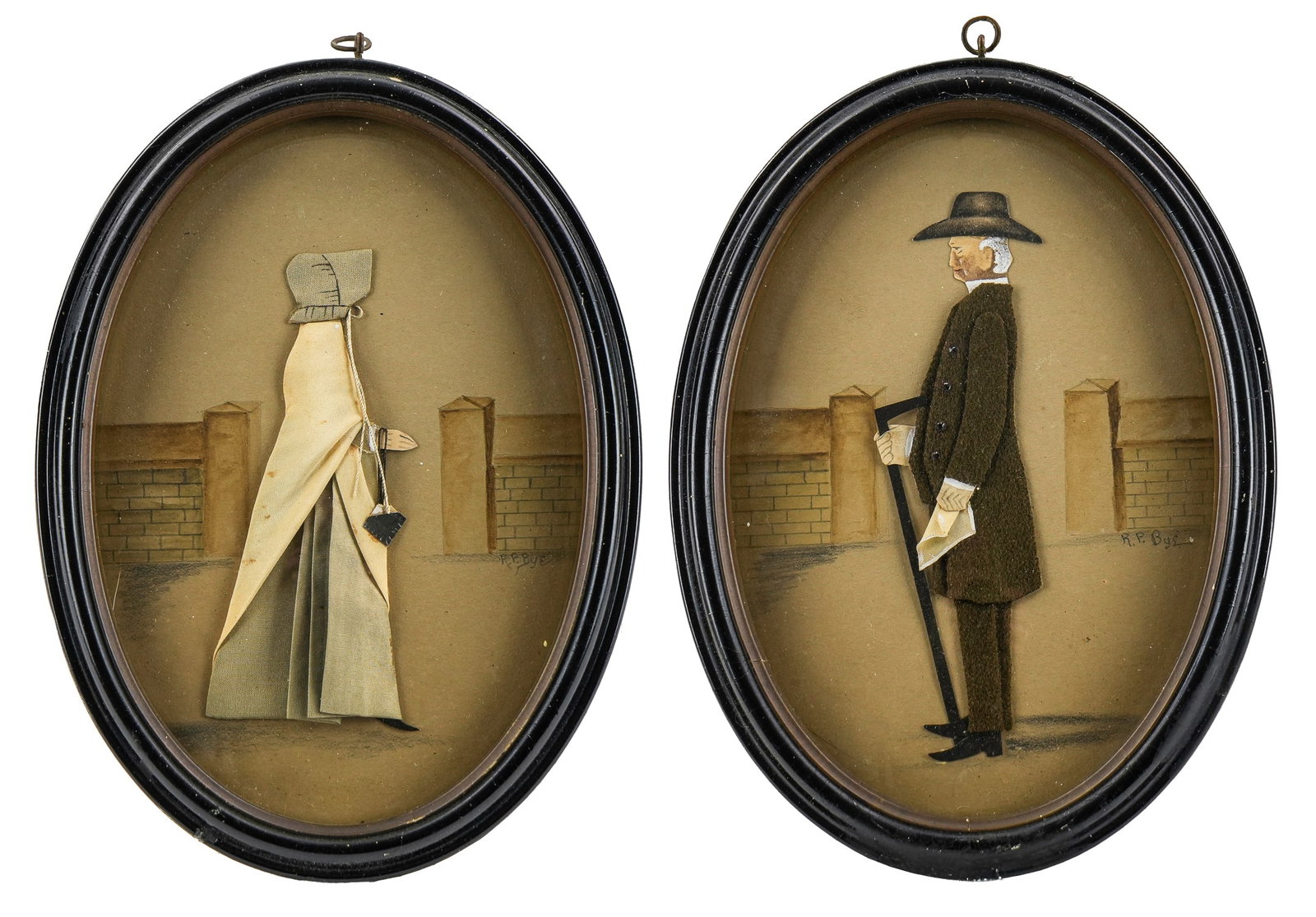 Rosalie P Bye (1853-1949) Folk Art Portraits: Pair of Rosalie P Bye (1853-1949) hand painted mixed media Folk Art portraits, oval 7 1/2' x 5 1/2"