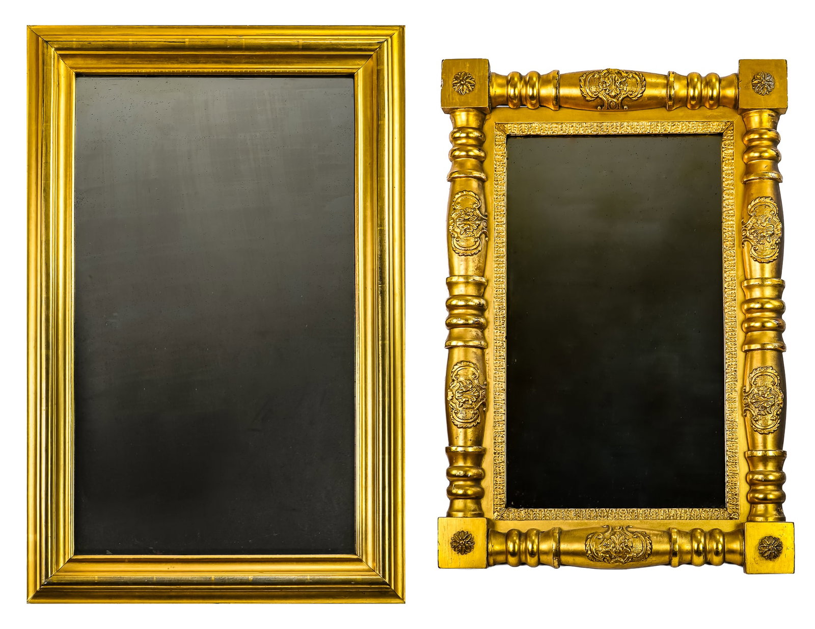 19th c Lemon Gilt Framed Mirrors: Two 19th c lemon gilt framed mirrors, including split column, 29" x 19 1/2", 33 1/2" x 21 1/2"