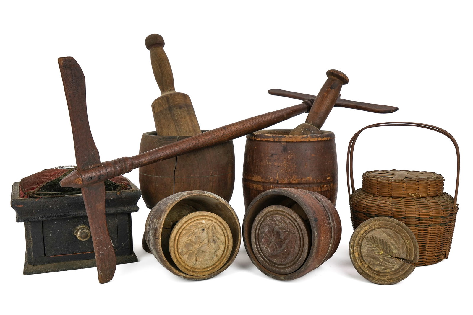 Butter Molds, Mortars & Pestles, Sewing Box: Butter molds, mortars & pestles, 1 drawer sewing box with pincushion top, small covered Indian basket with double handles, hts/ lengths from 2 1/2" to 21"