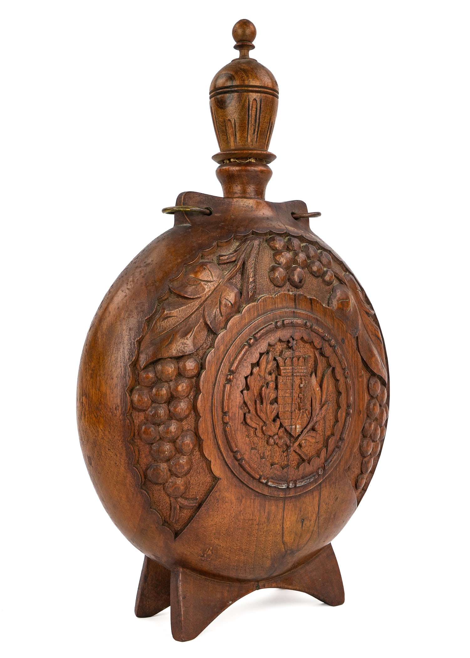 J P Morgan Family Brandy/ Wine Flask: J S Morgan (likely Junius Spencer Morgan II or Junius Spencer Morgan III) Brandy/ Wine Flask, hand carved JSM in monogram, Gallwitz, Budapest cigar store label, ht 17" diameter 10"