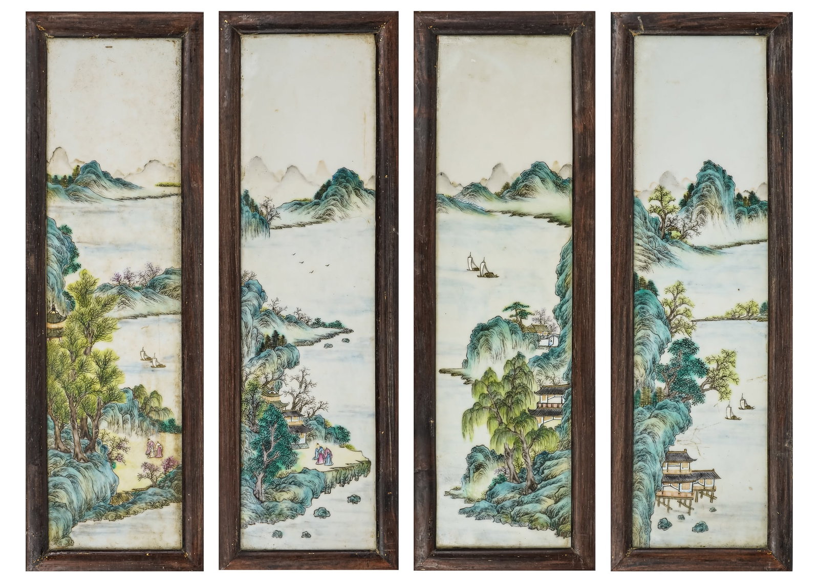 Set of Four Chinese Famille Rose Panels: Set of 4 Chinese famille rose porcelain landscape panels, from a hinged table screen, in wooden frames, sight 15" x 4" each