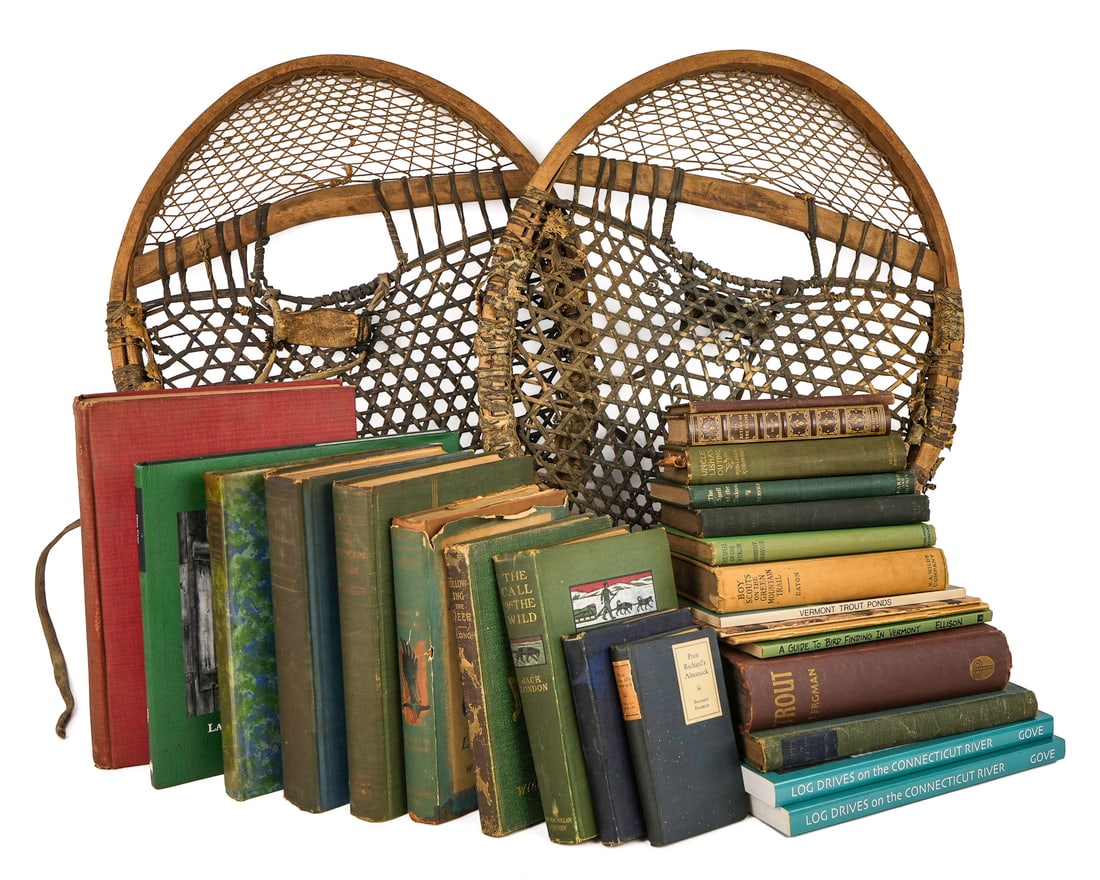 Sporting, Hunting, Fishing, Outdoor Books: Sporting, Hunting, Fishing, Outdoor Books, including 1st edition Jack London "The Call of the Wild", Grenfell, Service, Deer Hunting, Trout Fishing, etc ( pcs), sold with a pair of primitive snowshoes