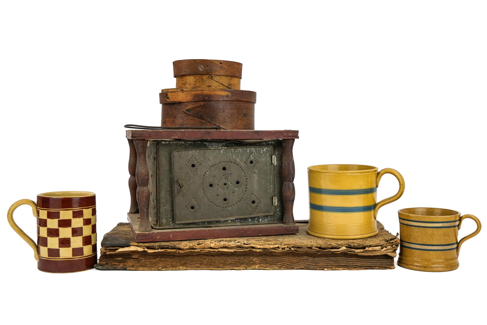 Country Primitives, 1808 Ledger, Yellowware: Country primitives, 1808 handwritten ledger, pierced tin & wooden footwarmer, yellowware mugs, etc