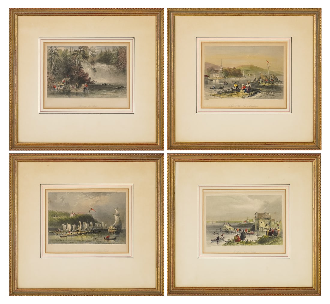 Four Bartletts Views of Voyagers: Four Bartletts Views of Voyagers - St. Regis Indian Village, Lake of the Two Mountains, Raft on the St. Lawrence at Cape Sante, Portage des Chats. each 13 x 14" as framed.
