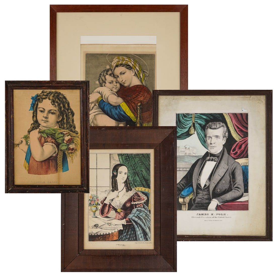 Four Currier and Ives lithographs: Four Currier and Ives hand colored lithographs- Julia, Madonna after Raphael, Little Daisy, James K Polk 21.5 x 17.5" -16 x 12" as framed