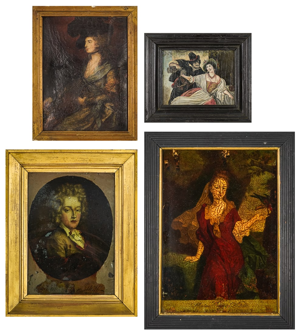 Four 18th c style pieces-: Four 18th c or 19th c pieces - relined portrait of a lady with repairs 9 x 7", romantic scene on board 5.5 x 7" two prints in a egiomise manner- one portrait of a gentleman with very wavy glass, portr