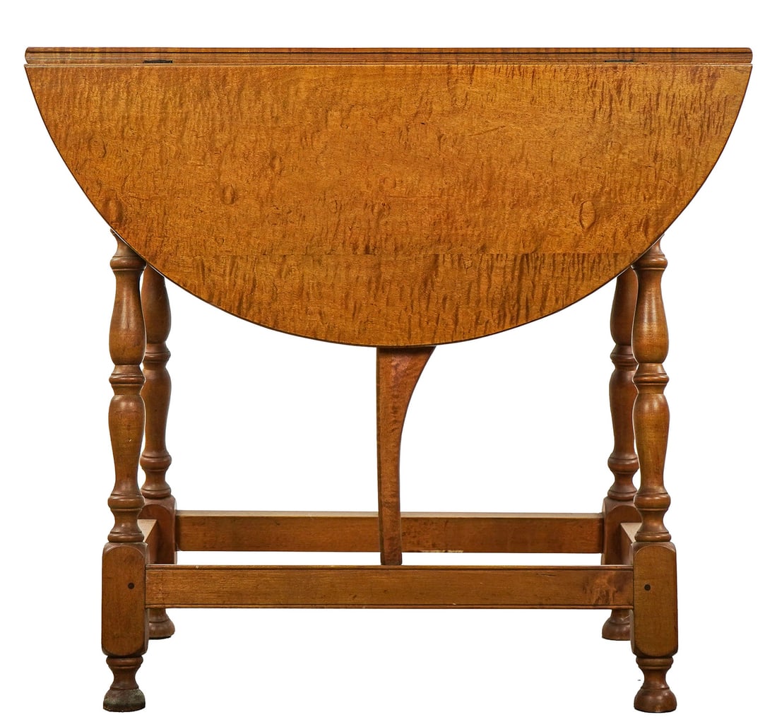 Tiger Maple Butterfly Table: Fine bench made tiger maple butterfly table. Single drawer. Eldred Wheeler quality. 30" l x 27" h, 13" w.