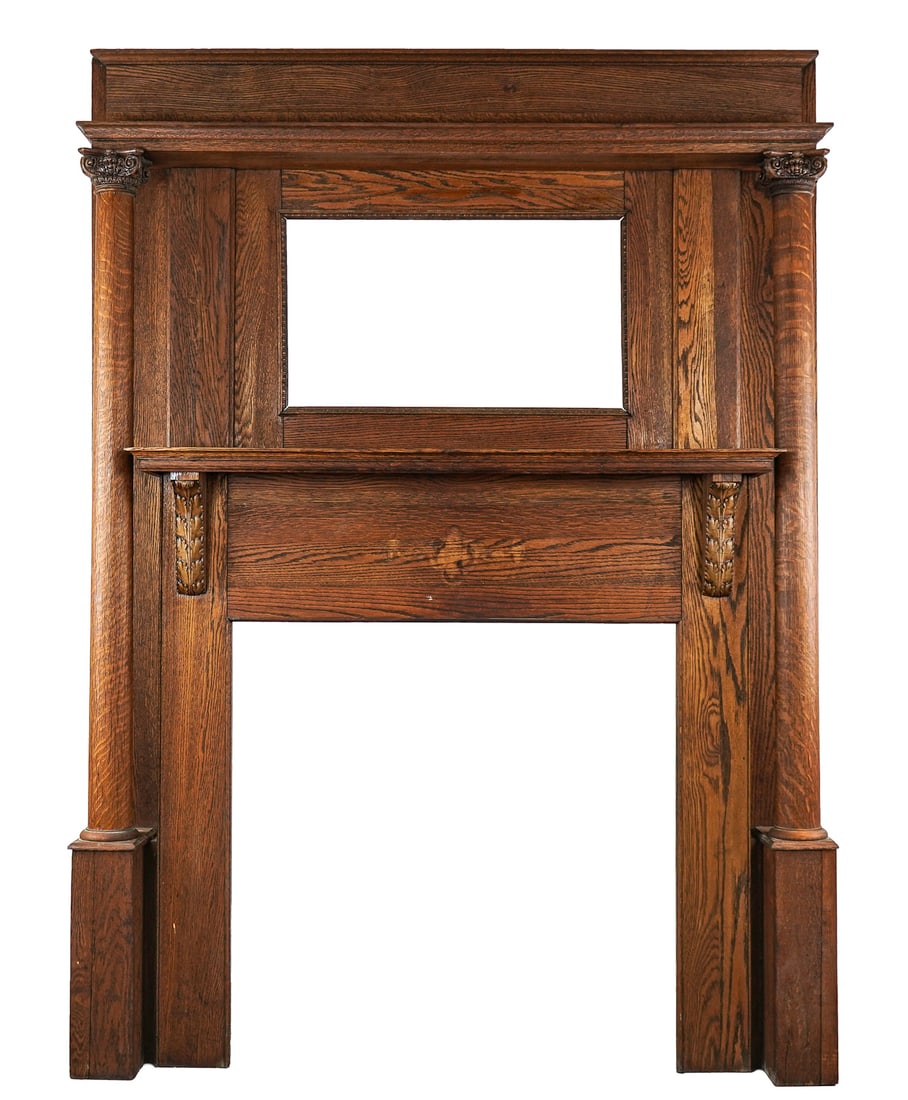 Victorian Oak Fireplace Mantle: late 19th c architectural salvage oak fireplace mantle. Upper shelf supported by full length columns over mirror back panel (missing mirror) over fireplace. 60" wide, 82" h, clean surface. Good condit