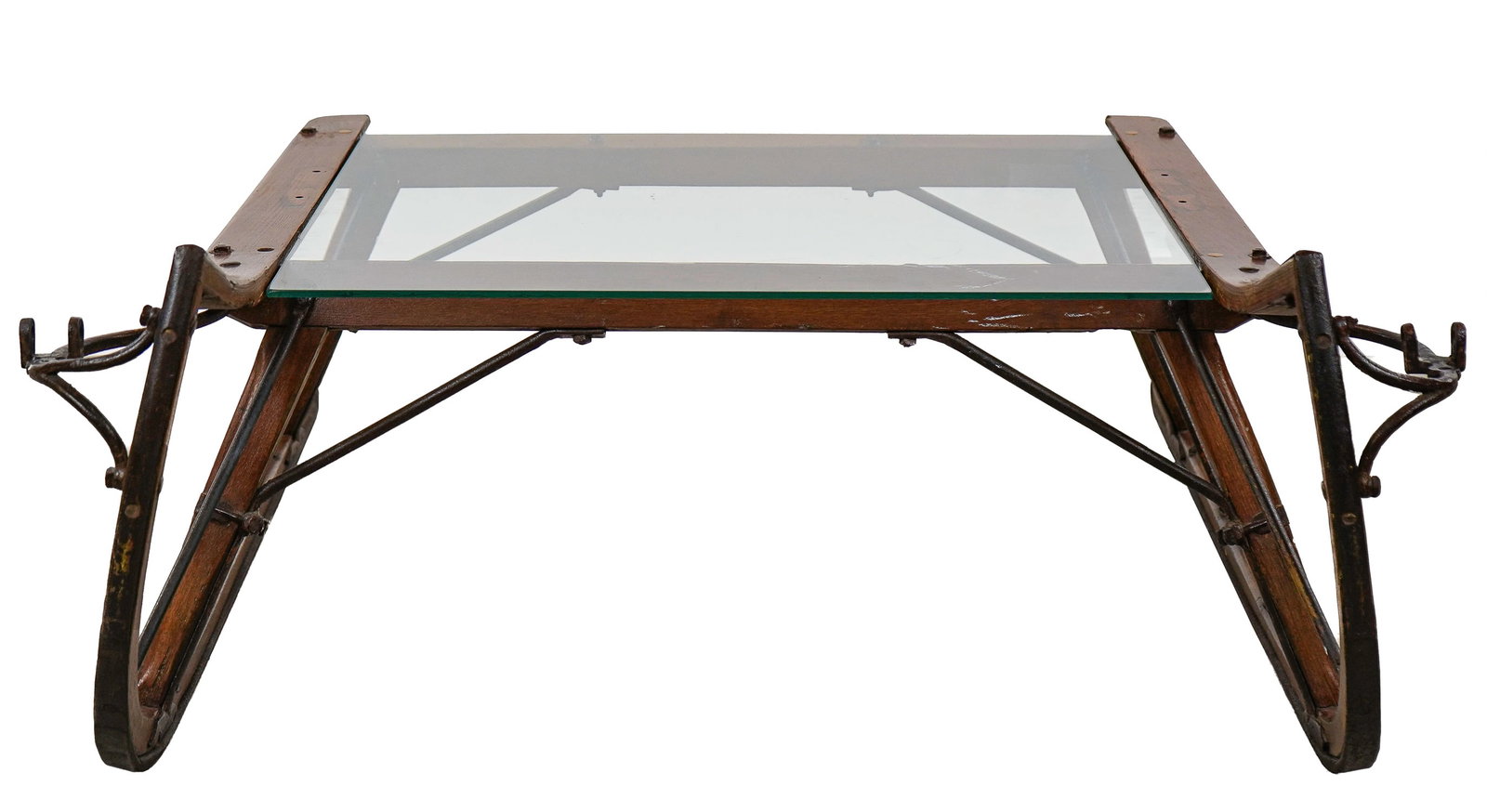 19th c Sled Coffee Table: 19thc maple sugar gathering tank sled with glass top -turned into a coffee table. 38" x 38" x 15" h.
