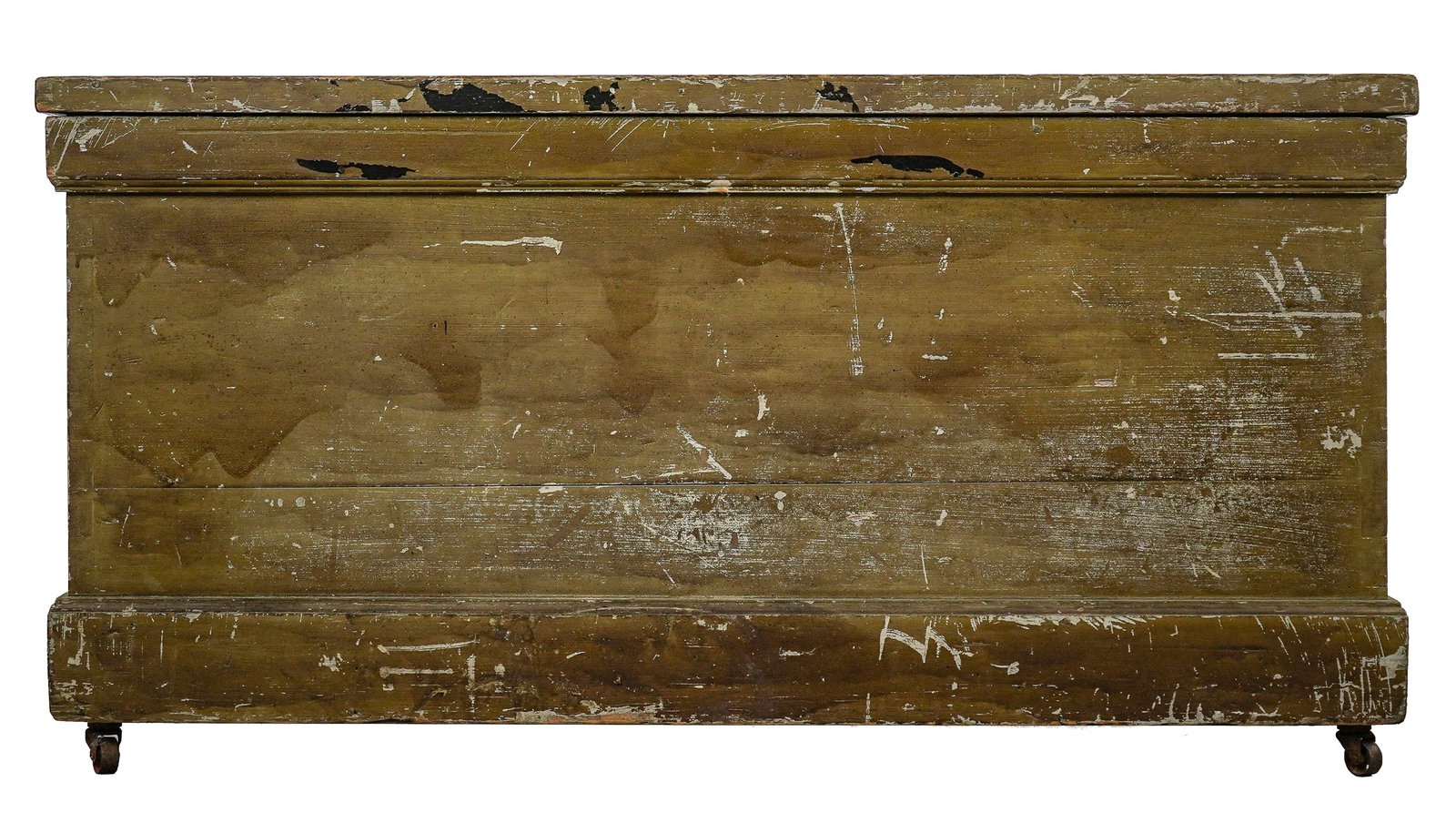 19th c Lift Top Painted Chest: 19th c American dovetailed lift top chest with green over blue/grey paint. Castors, 44" long, 23"h, 23" deep.