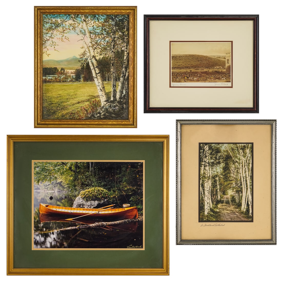 Five Prints: Chromolithograph of a racehorse with jockey, 7 x 9", Chromolithograph after James Pollard 6 x 9", Sawyer Hand colored photo of Mt. Chicoura 19 x 17" , Hand Colored photo "Woodland Cathedral" 9 x 6.5",